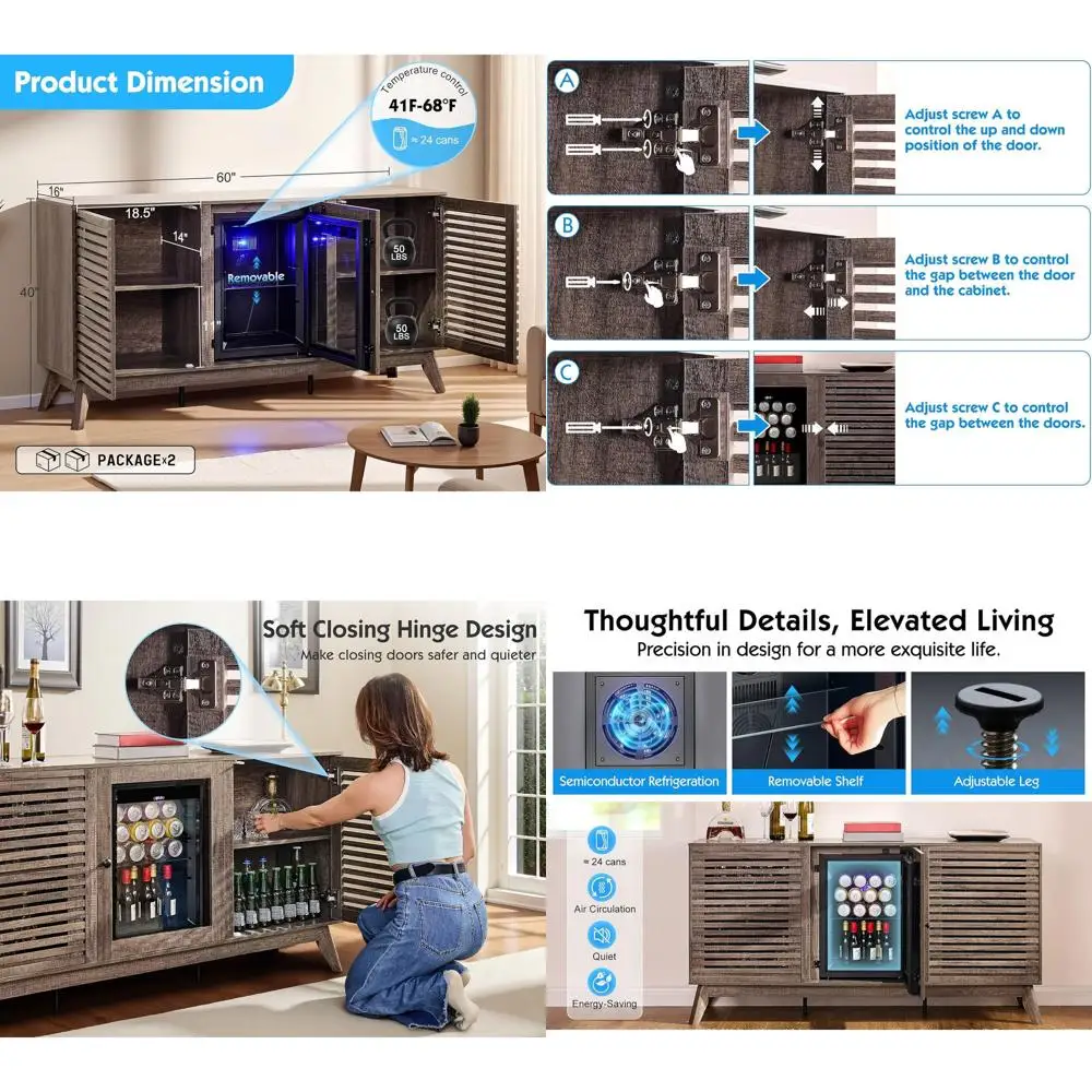 

Барный шкаф Grey 60 с интегрированным мини-холодильником, для хранения вина и кофе, для гостиной или офиса