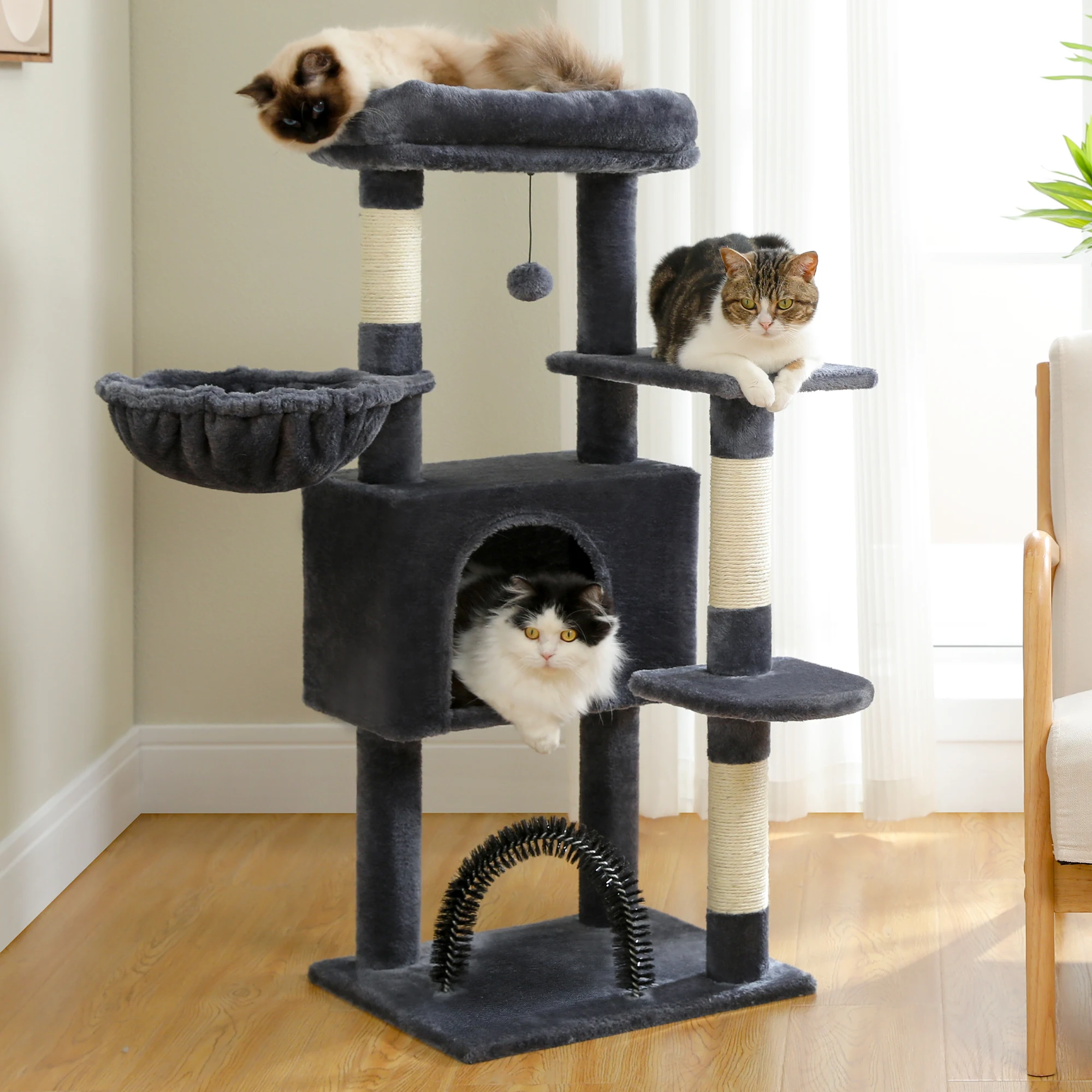 

Height 120CM Cat Tree Condo for Indoor Multi-Layer Cat Tower with Self Groomer Sisal Scratching Posts Large House Hummock Perch