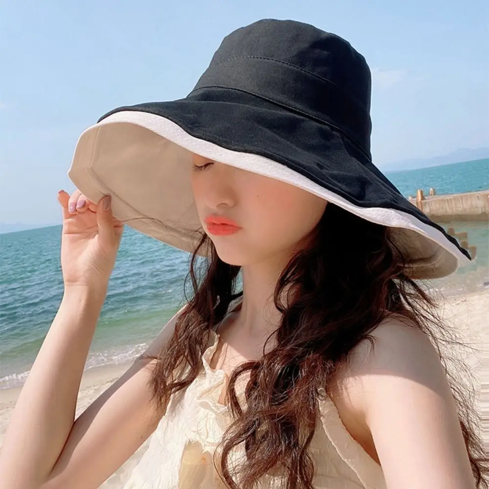 Broad-edged Double-sided Wear Fisherman's Hat Soft Foldable Bucket Hat Removable Windproof Rope Versatile Women Sun Hat Beach