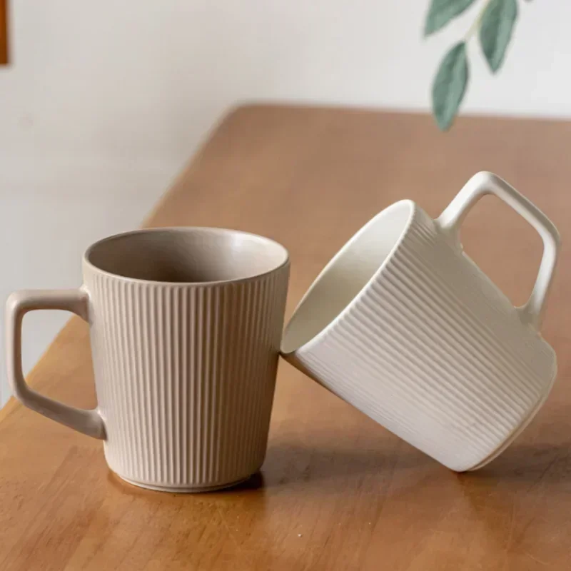 

Nordic Ceramic Mug Matte Relief Milk Coffee Cup with Handle Home Office Practical Water Cup Solid Color Striped Shape Couple Cup