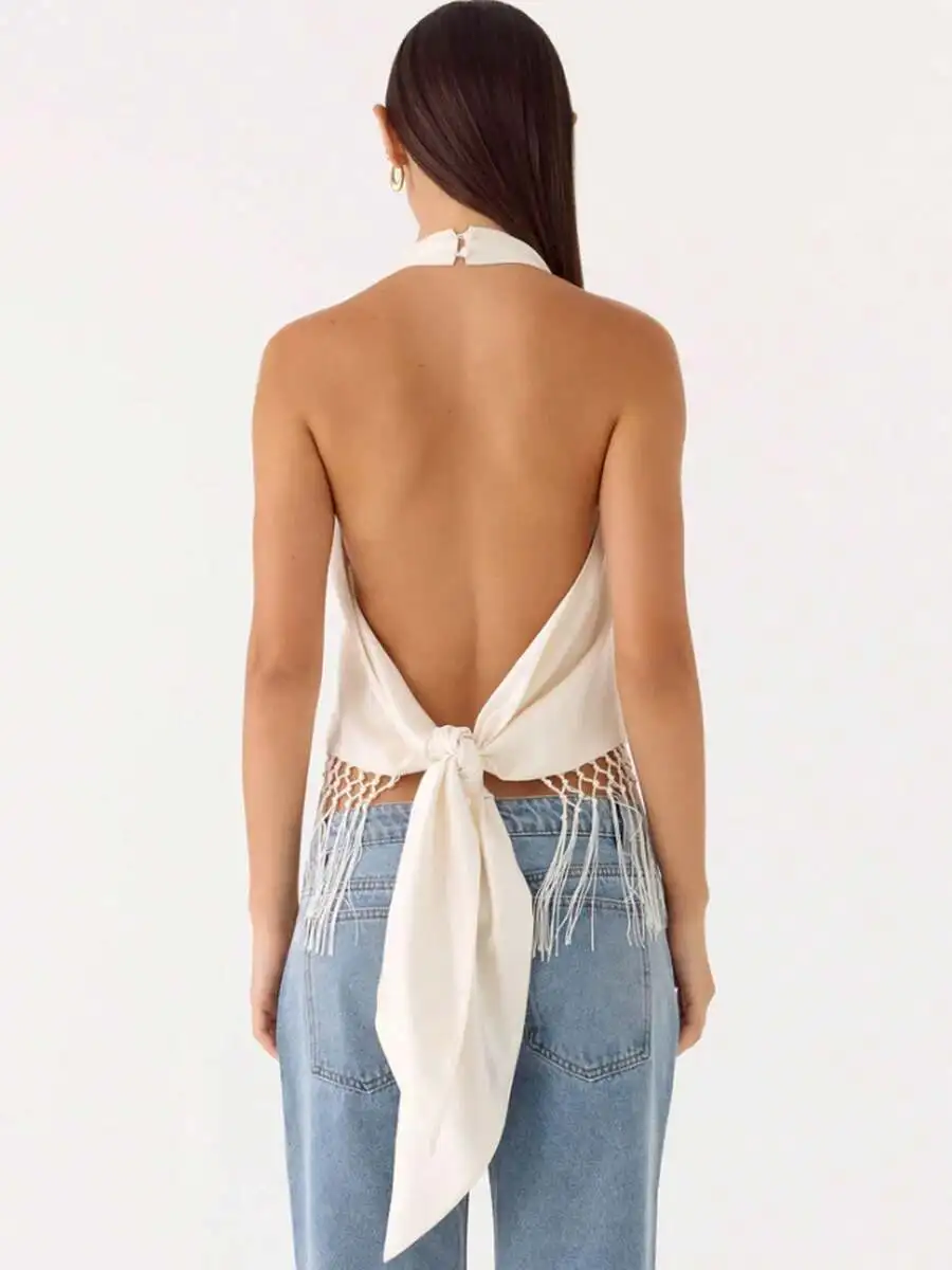 

Women Halter Backless Fringed Tank Top Beige Polyester Summer Casual Camisole