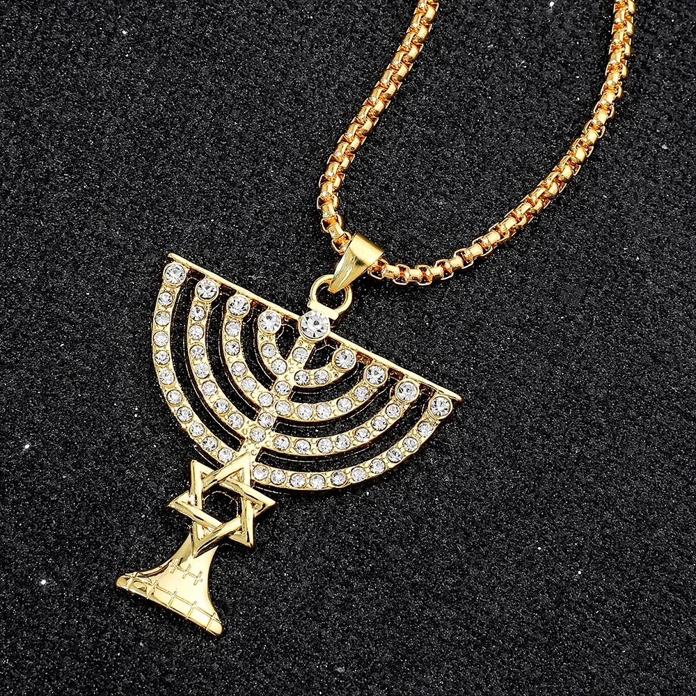 Gold Plating Menorah Star of David Pendant Necklace, Iced Out Rhinestone Jewish Symbol Necklace, Religious Faith Jewelry Gift
