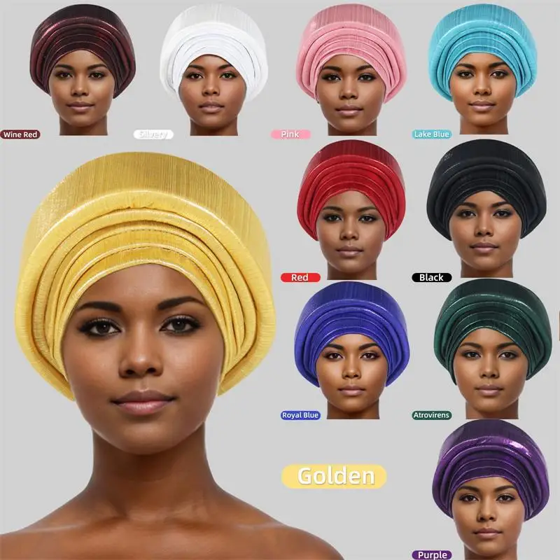 Gorro de Turbante plisado con brillos para mujer, elegante tocado africano de Gele para mujer, envolturas para la cabeza, tocado de fiesta nigeriana, Turbante 2024