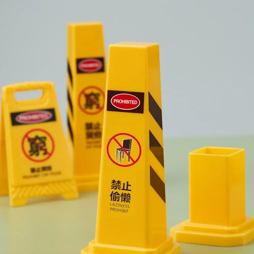 Warning Sign Pen Holder Plastic Reflective Cone Pencil Pot Container Large Capacity Desktop Ornament Office