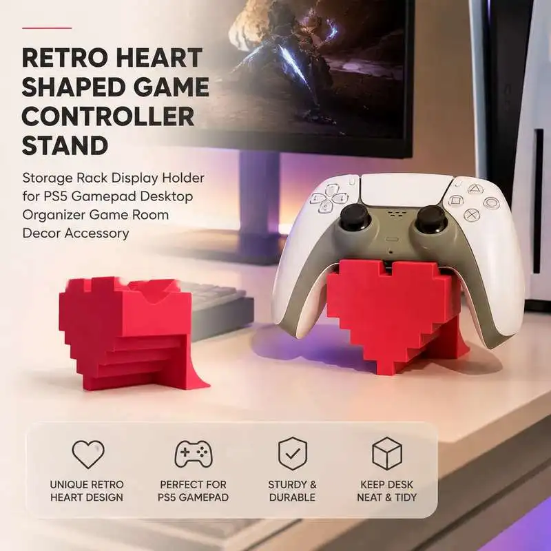Retro Heart Shaped Game Controller Stand Storage Rack Display Holder for PS5 Gamepad Desktop Organizer Game Room Decor Accessory
