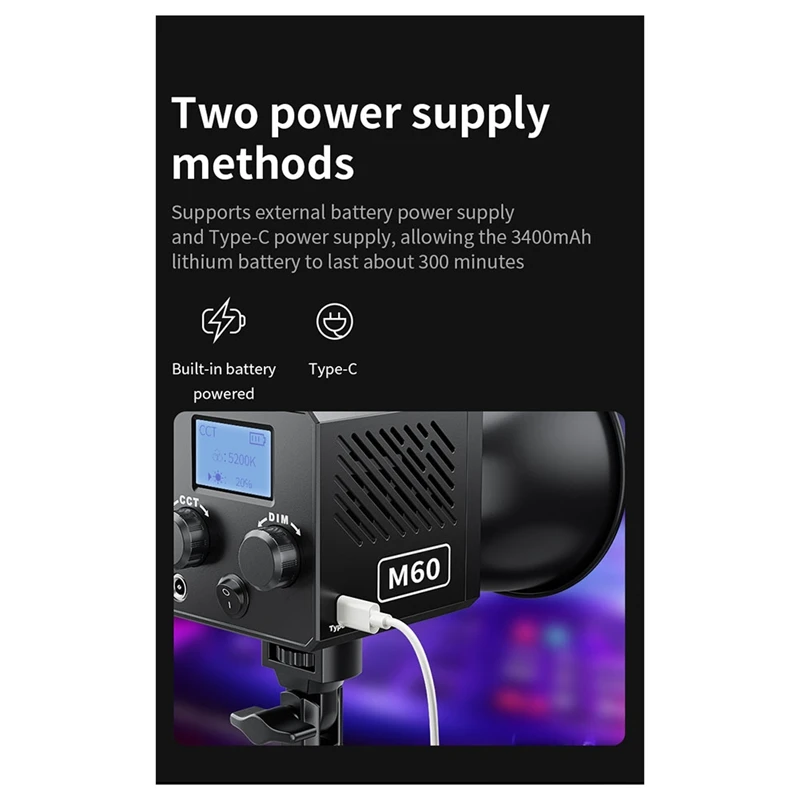 SCLS M60 Handle Photo Studio Light COB Bi-Color CCT 2500-6500K CRI Greater Than Equal 95 TLCI Greater Than Equal 97 EU PLUG