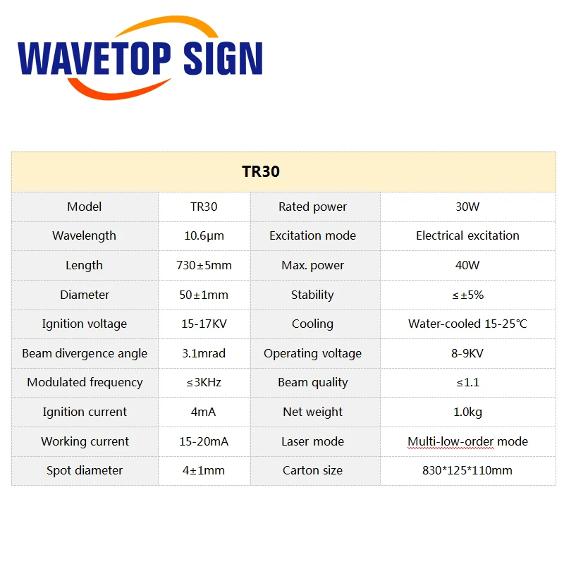 Tubo Laser WaveTopSign, CO2, 30-50W CO2 Laser Corte e Máquina de Gravura com Ponto Vermelho, Comprimento 730mm, 50mm