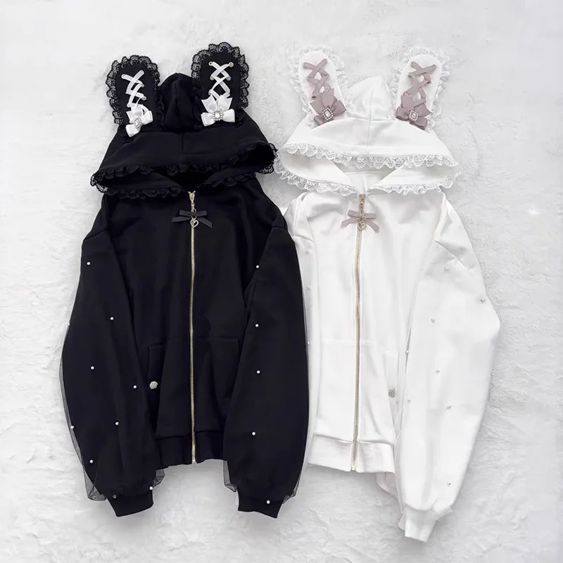 Kawaii Women Coats Jirai Kei Lolita Y2K Cute Japanese Style Jacket Sweet Pearl Rabbit's Ears Bow Hoodies Elegant Casual Top 2025