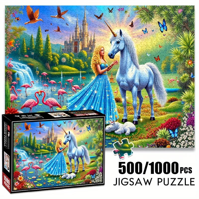 500/1000 Teile Prinzessin & Einhorn Märchenpuzzle – Verzaubertes Schloss mit Flamingos, Schmetterlingen und Blumen – kratzfest