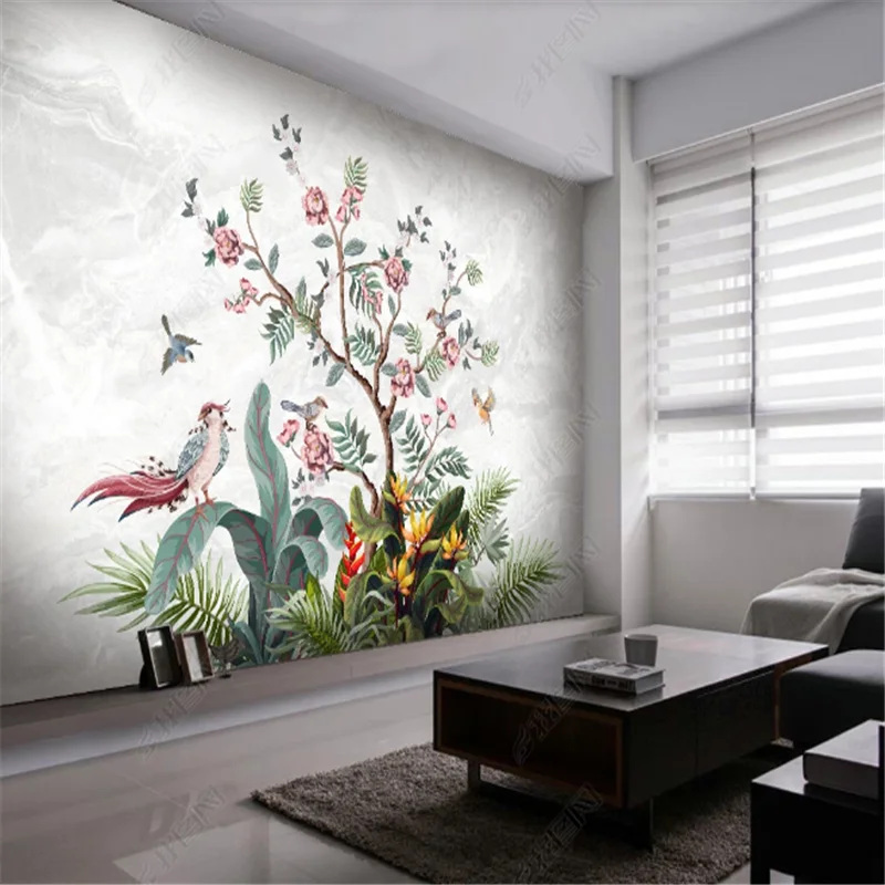 

Medieval hand-painted Flowers and Birds Mural Wallpaper For Living Room Tropical Rainforest TV Background Wall Paper Home Decor