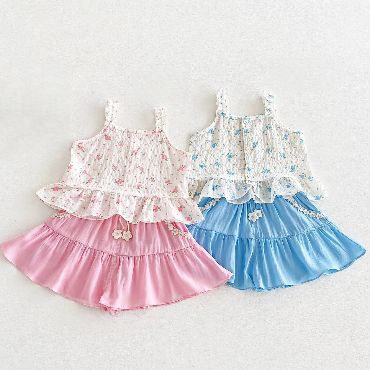 6M-5T Summer Girls Clothing Set Floral Print Camisole And Ruffle Shorts 2 Pcs Suit Korean Style Kids Outfit