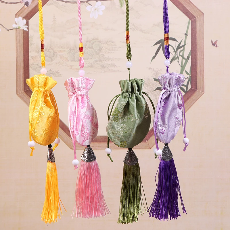 Fashion Chinese Style Retro Gift Jewelry Drawstring Storage Bag Brocade Embroidery Sachet Tassel Bag Party Festival Decoration