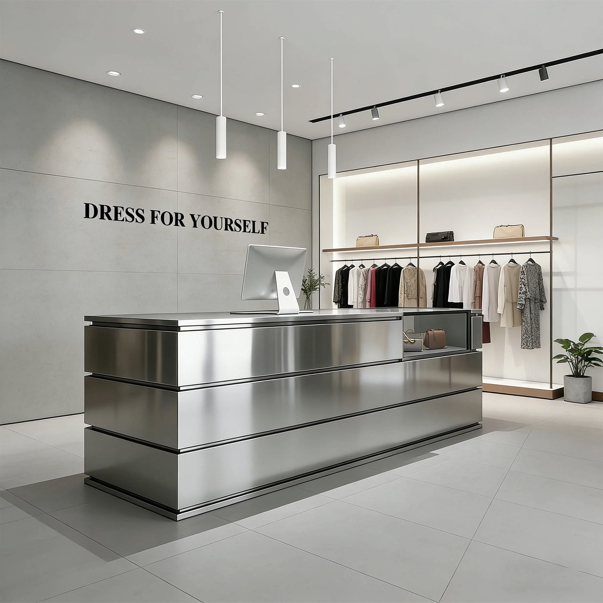 QT-273X Stainless Steel Light Luxury High-End Reception Desk For Clothing Store & Beauty Salon Industrial Style Complete