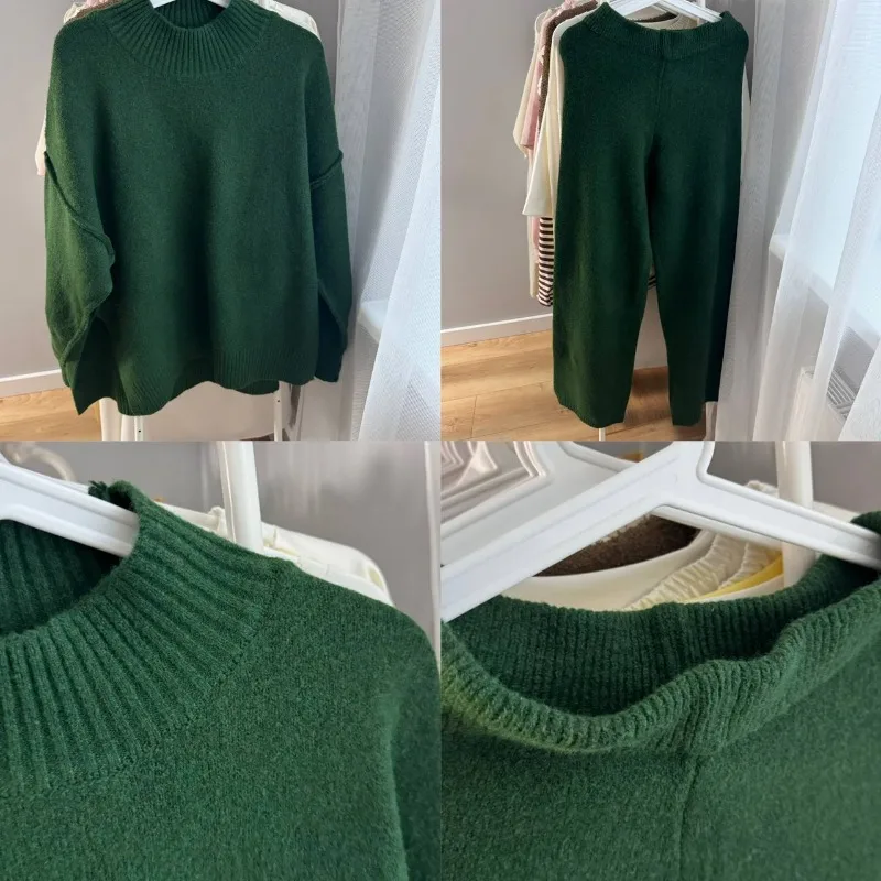 2026 Cross-border Turtleneck Split Sweater Set, Women's European and American Loose Casual Lazy Knitted Trousers Two-piece Set