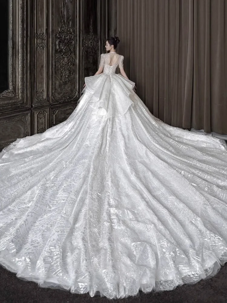 Ele Wedding Dr 2025 New Heavy Embroidery Luxury Long Train Court Sle for Bride Women Lace Svel Deep V Ne