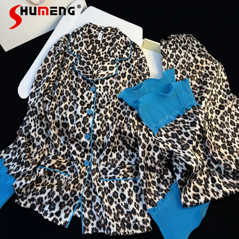 

Luxury Leopard Print Pure Ice Silk Pajamas Ladies Spring Autumn High End Sleep Suits Women Sweet Ruffle Sleeve Homewear Set
