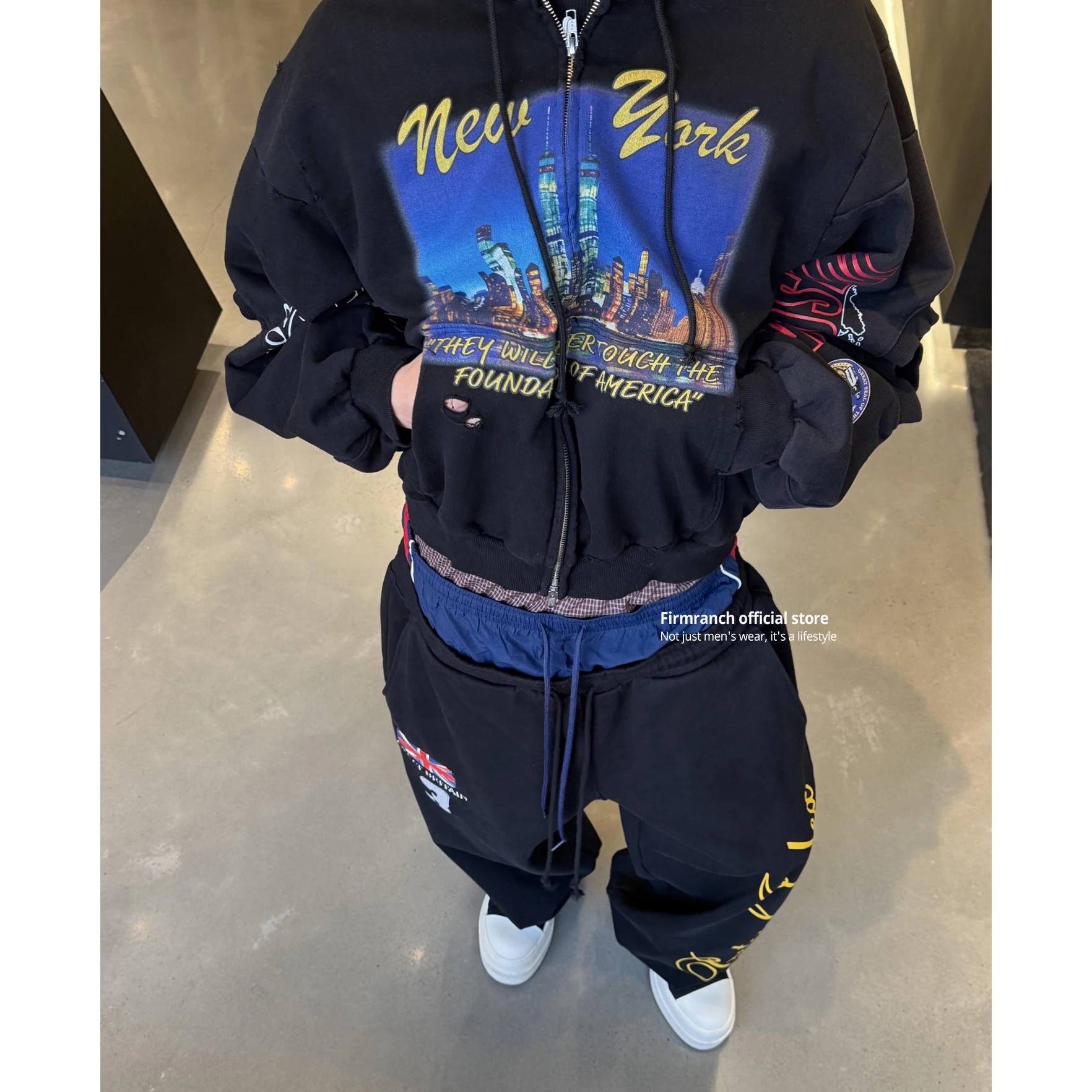 Firmranch 2026 Korean Fashion Retro Washed Black Printed, Splicing, Zipper Hoodie For Men Women High Street Loose Jacket