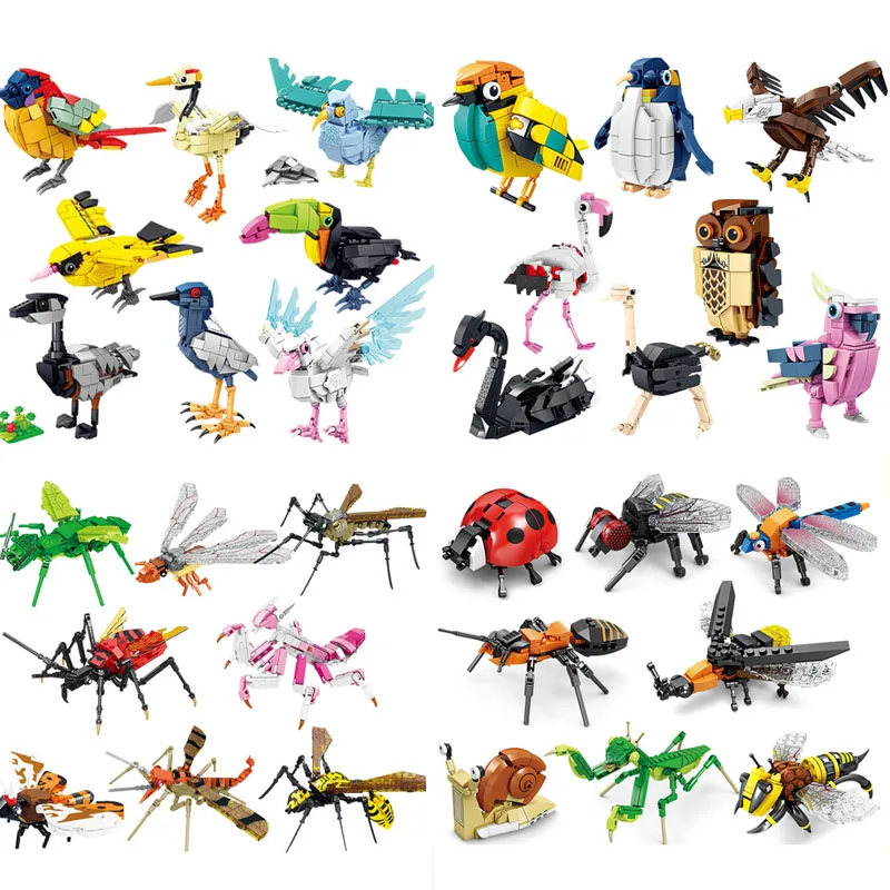 Moc criativo animal blocos de construção insetos pardal formiga zoológico lobo ostros oceanos baleia tubarão montado modelo tijolos brinquedos s04