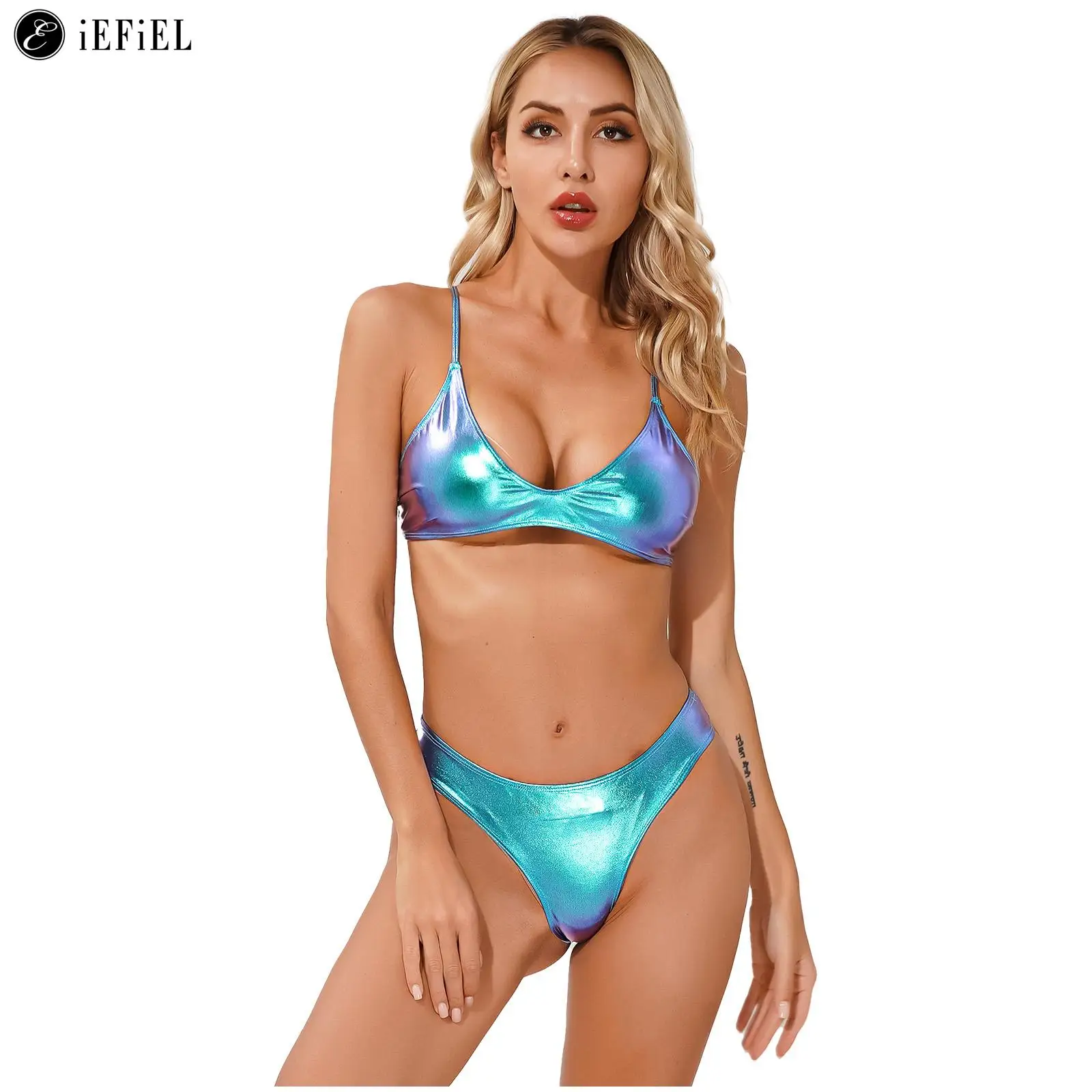 Kobiety błyszczące metalowe strój kąpielowy Bikini zestawy Sexy plażowe stroje kąpielowe Camisole głęboki dekolt Top biustonosz z majtkami strój