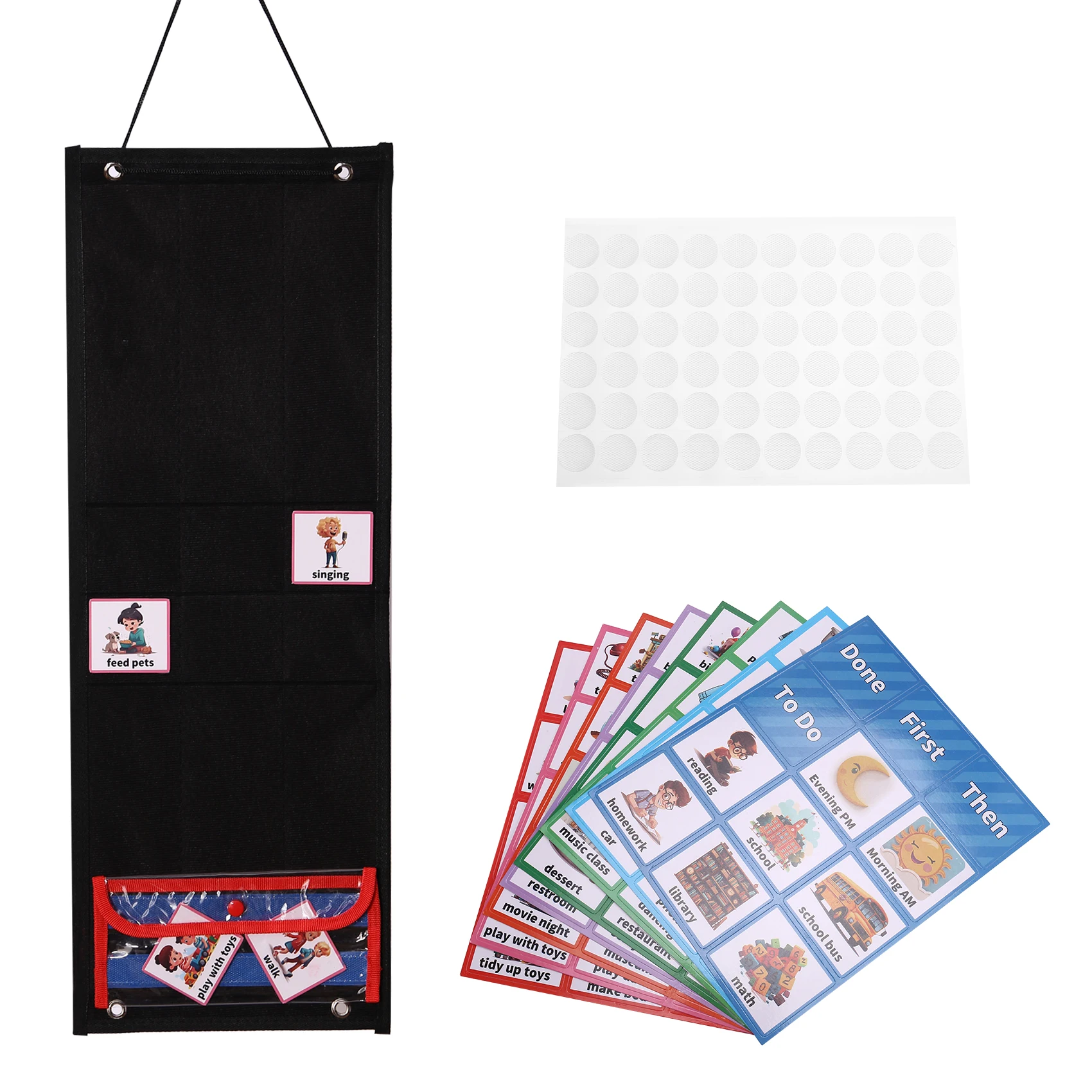 Gfc-Visual Schedule for Kids Daily Routine Chart with 70 Cards Calendar Pocket Autism Learning Behavioral Tool Black