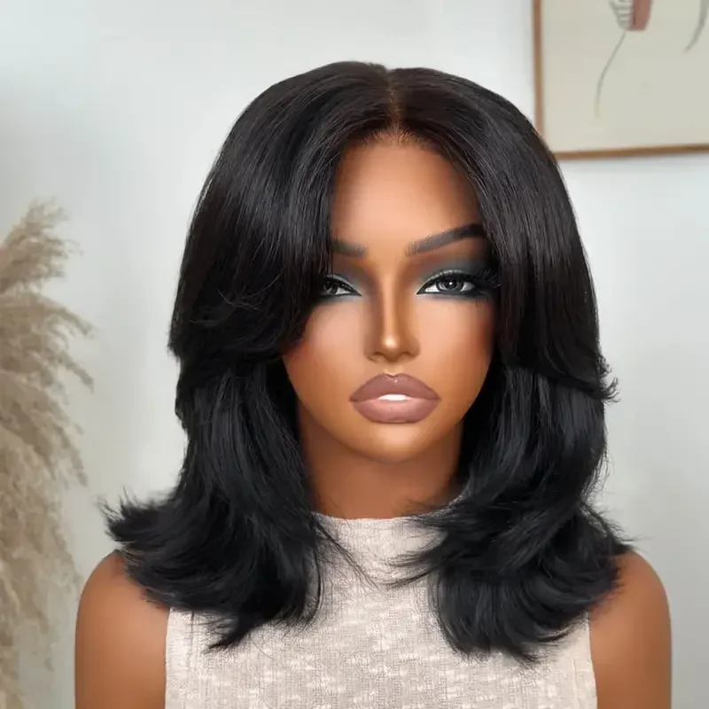 

16Inch Soft Natural Black Short Bob 180% Density Kinky Straight 13x4Lace Front Wig For Women With Baby Hair Preplucked Glueless