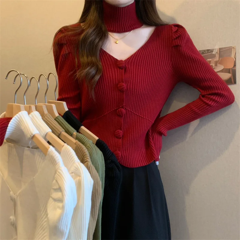 Spring and Autumn Women\'s V-neck Knitted Sweater Long Sleeved Shirt Halter Gentle and Fashionable Style Short Coat Top