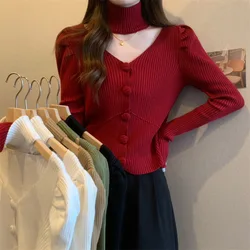 Spring and Autumn Women's V-neck Knitted Sweater Long Sleeved Shirt Halter Gentle and Fashionable Style Short Coat Top