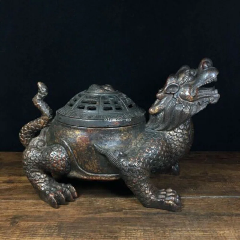 9 inch old bronze home feng shui treasure wealth dragon turtle censer statue