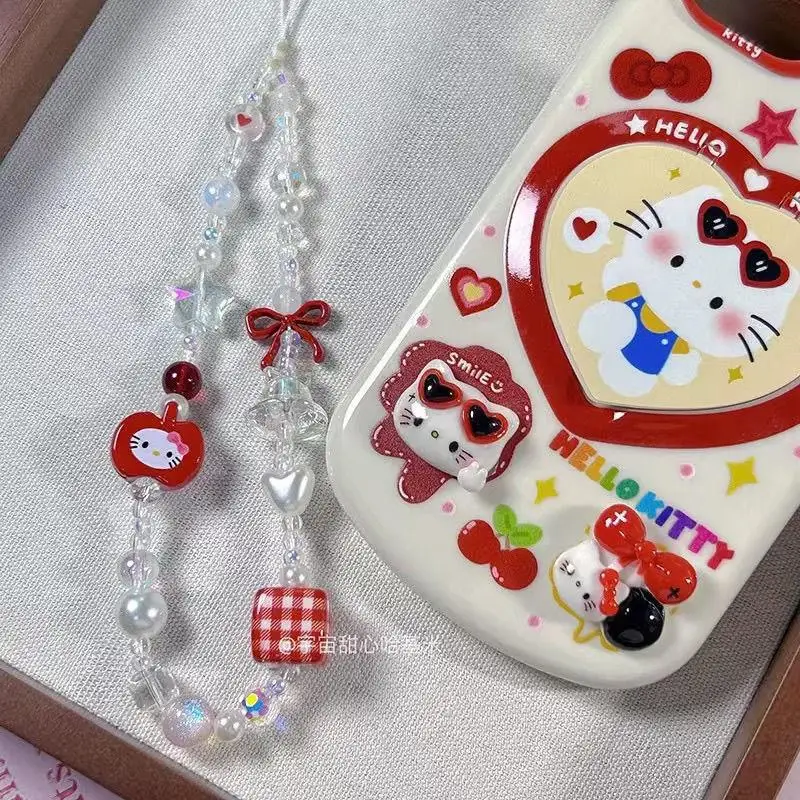 

Kawaii Sanrio Hello Kitty цепочка для мобильного телефона с героями мультфильмов, милые Ccd бусины, подвеска для камеры, брелки, аксессуары, подарки на день рождения для девочек
