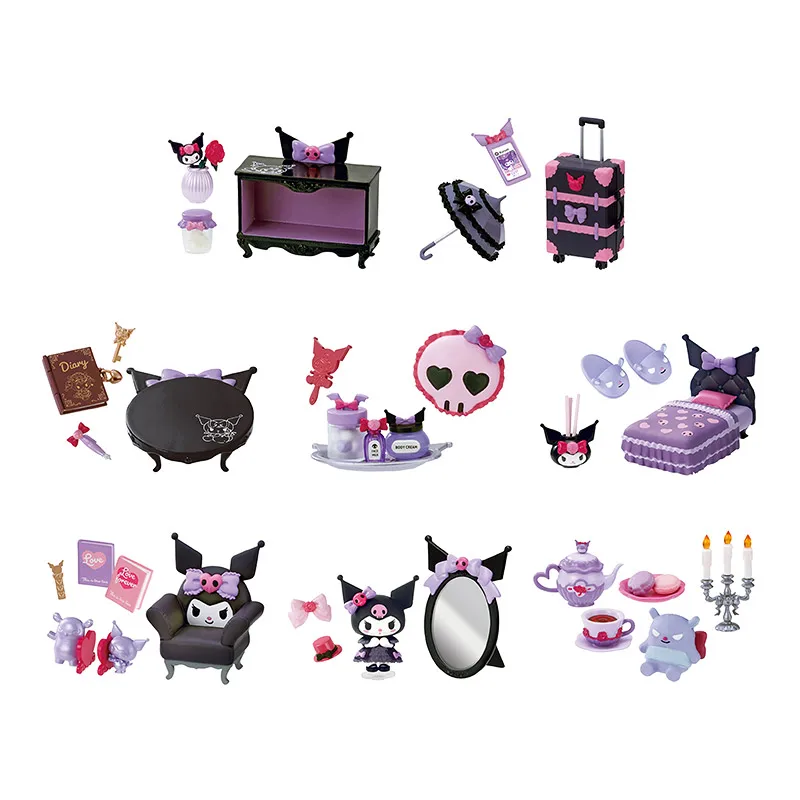 Rement Original Sanrio Kuromi Miniatur-Raum-Setup Blind Box Kawaii Micro Puppenhaus Figuren Set Desktop-Dekor Geschenkkollektion