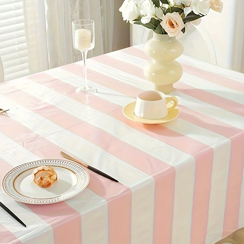 1/2pcs Vibrant Pastel Pink and White Striped Rectangular Tablecloth - Disposable and Convenient Decoration for Perfect Fit