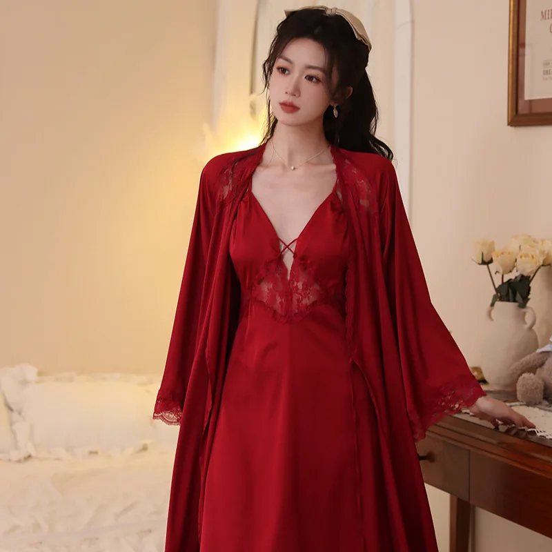 Women's Bathrobe Set Sexy Deep V Neck Solid Satin Ladies Sleepwear Nightgown 2 Pcs Set Lace Patchwork Nightwear for Female