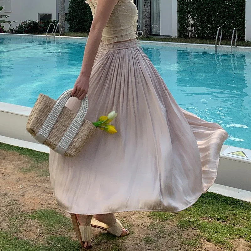 Spódnica o kroju litery A z wysokim stanem, elastyczna, błyszcząca, gładka, z włókna poliestrowego, biznesowa, codzienna, z wysokim stanem, elegancka, nowość na wiosnę i lato.