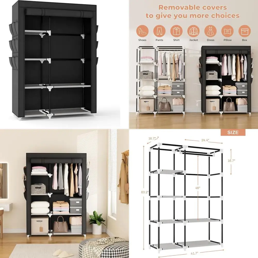

Space-Saving 41.7 Portable Wardrobe with Hanging Rod, 6 Shelves, 6 Pockets, and Cover for Bedroom or Dorm, Black