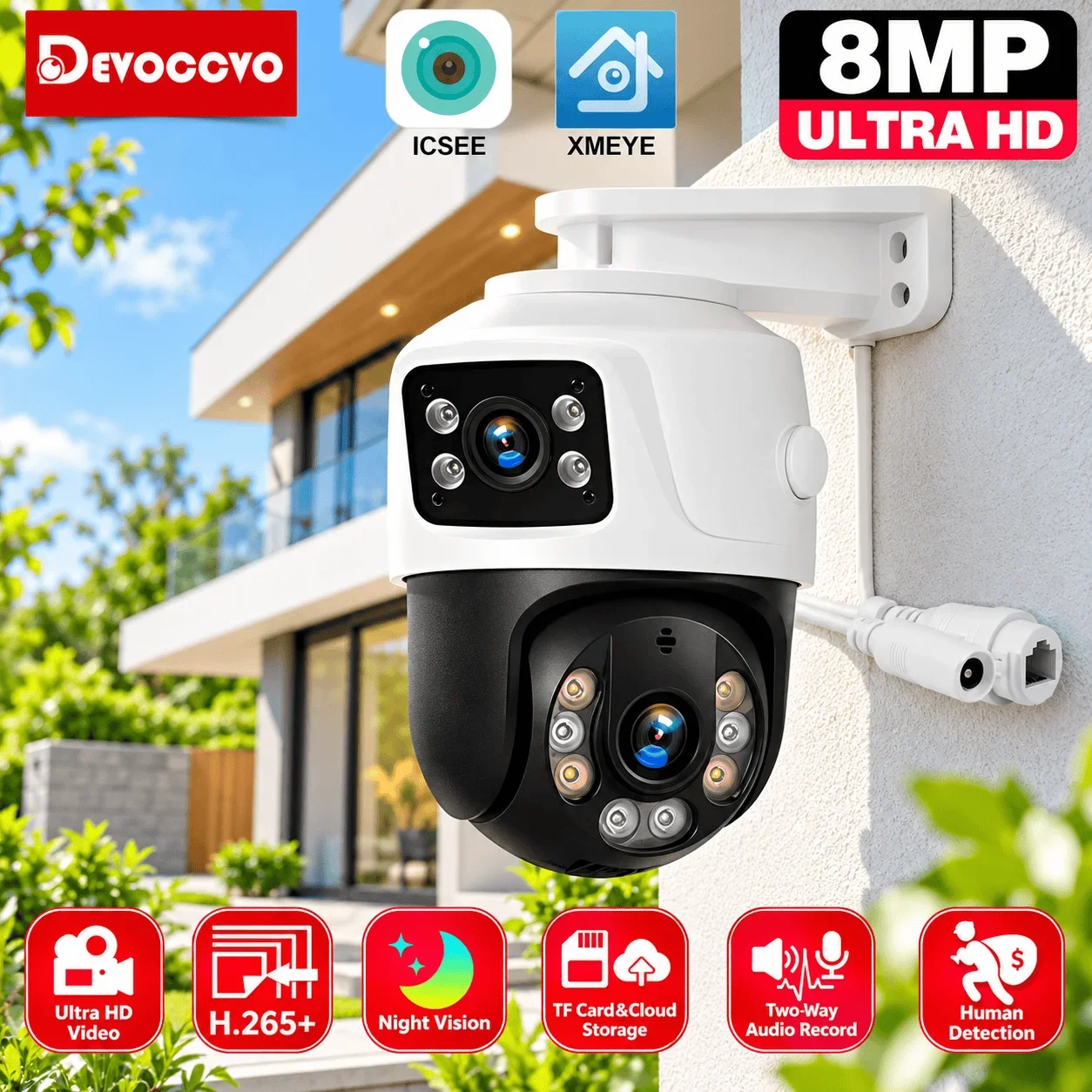 8MP 4K Dual Lens POE IP Camera PTZ Dual Screens Smart Home 360° Wired Video Surveillance IP Camera Motion Detection CCTV ICsee