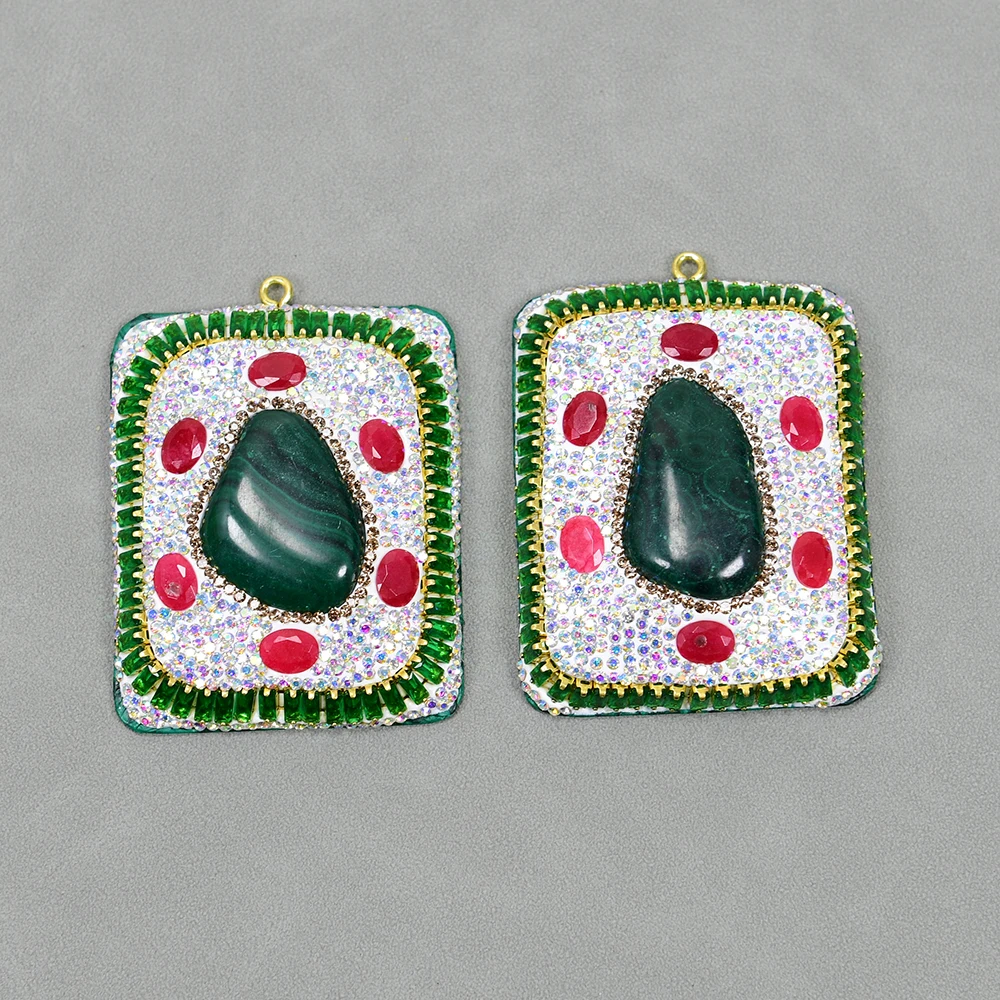 

2 Pcs Big 60mm Natural Malachite Red Jade Cz Pave Green Crystal Gem Rectangle Pendant Charm Jewelry Necklace Making DIY