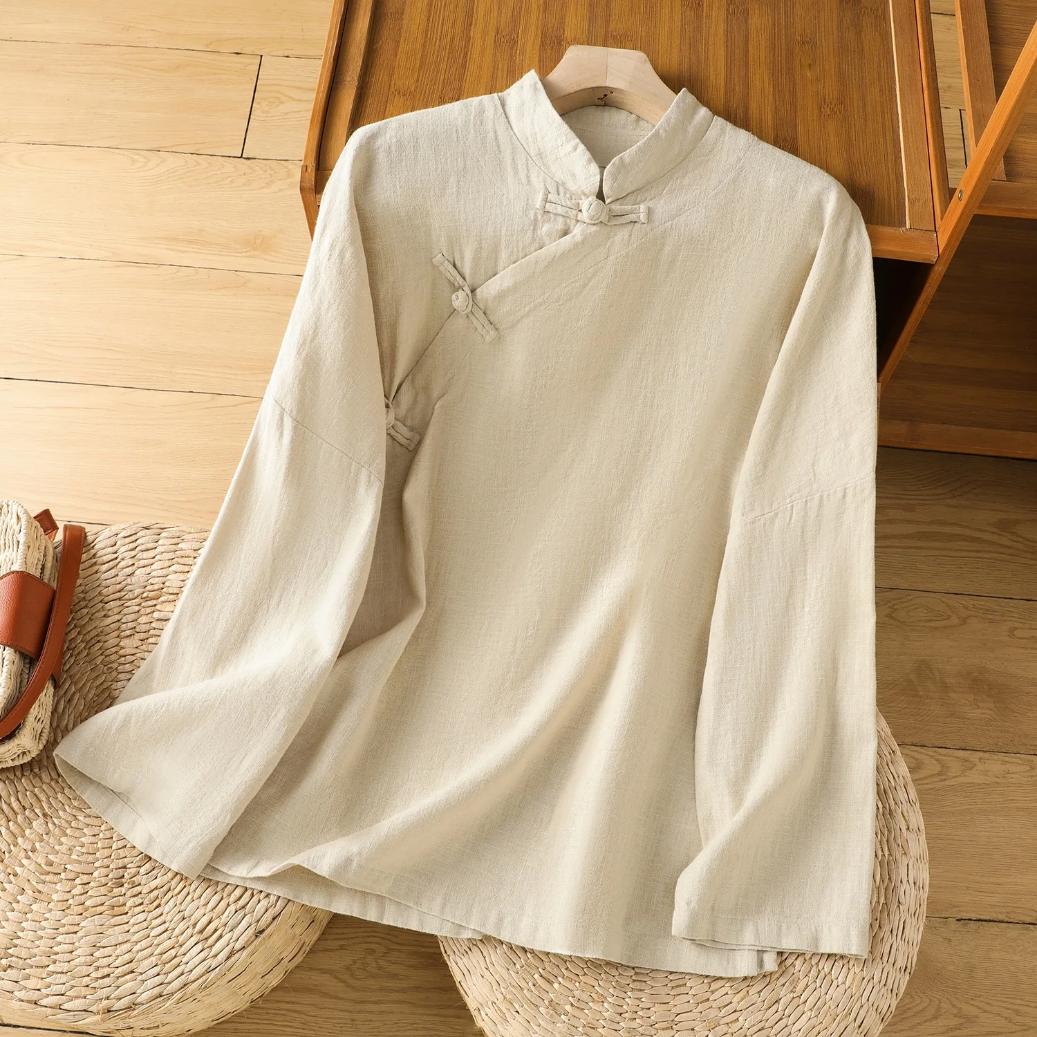 Cotton and Linen Women's Spring New Stand-up Collar Buckle Top Chinese Retro Shirt Zen Tea Clothes Jushi Tai Chi