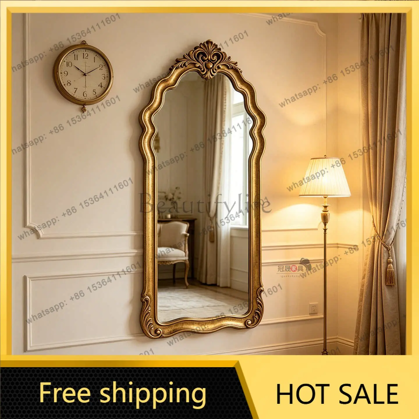 LS European vintage arched dressing mirror, wall-mounted living room carved American classic luxury fitting mirror