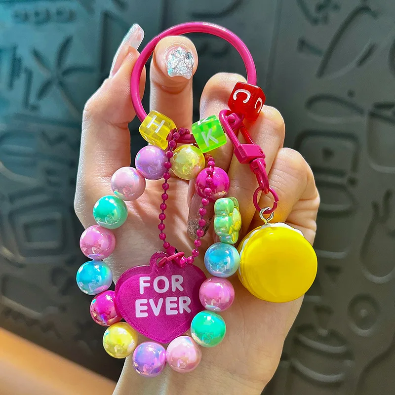 Creative Anti-Loss Wristlet Bracelet Key Chain Cartoon Cute Macaron Round Beaded Keyring For Women Girl Car Backpack Keychain