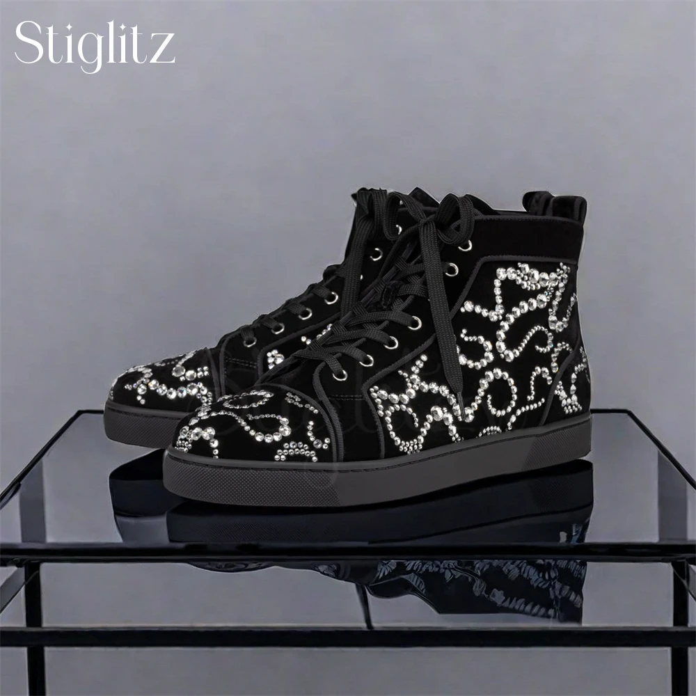 Luxury Suede Rhinestone High Top Sneakers Designer Style Handmade Casual Shoes Men Women Daliy Footwear Custom Made Multi Color