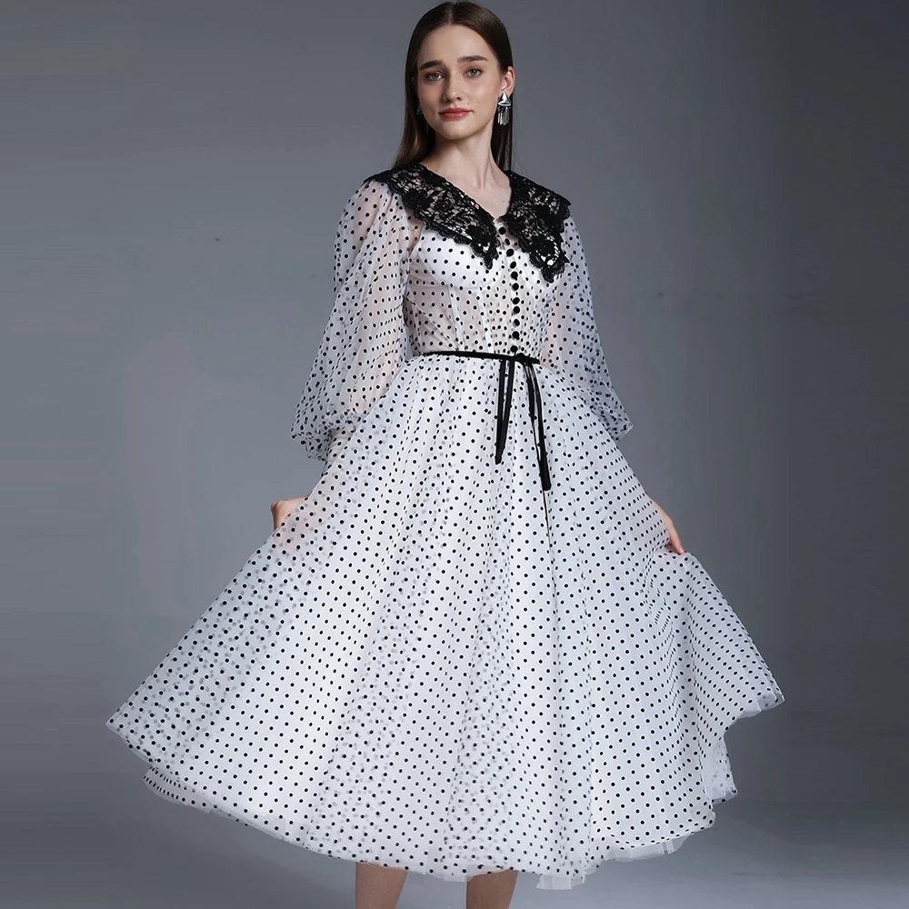 

Vintage Polka Dot Mesh Prom Dress Elegant Lace Appliques Button Evening Dresses Puff Sleeves Tulle Pageant Party Gowns