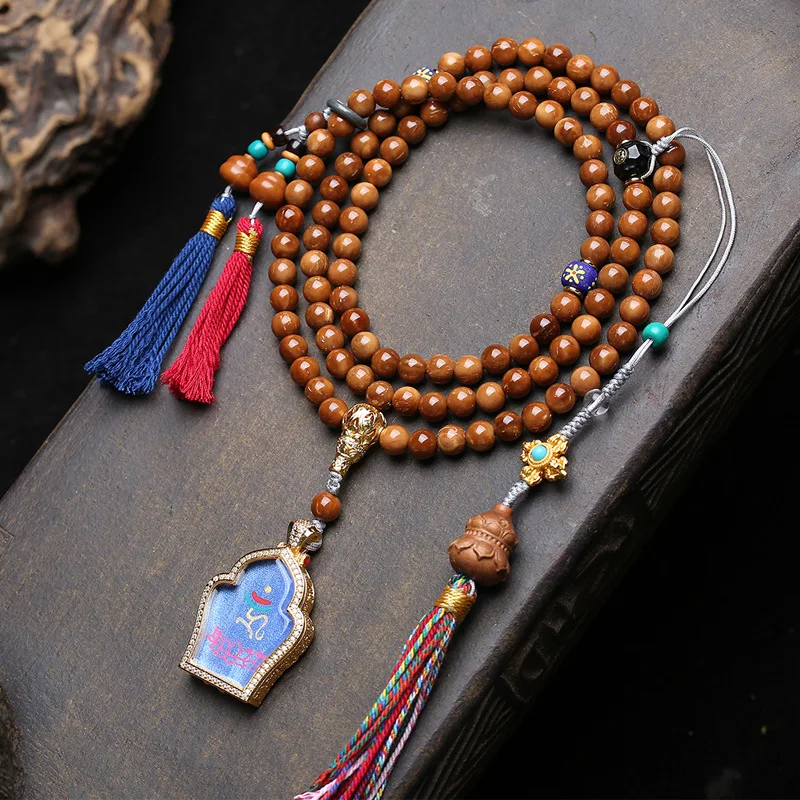 

Natural Cook 108 Buddha Beads Neck Hanging Glass Agate Peach Wood Medicine Buddha Thangka Pendant