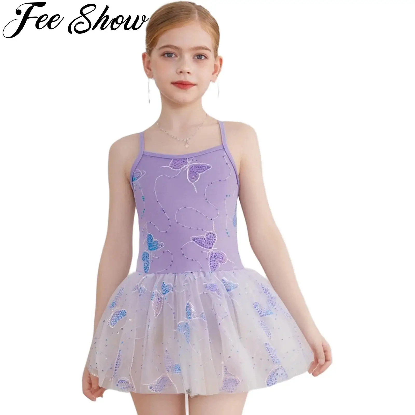 

Kids Girls Ballet Dance Dress Shiny Sequin Butterfly Embroidery Mesh Tutu Leotard Ballerina Gymnastics Figure Skating Dancewear