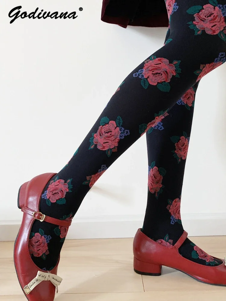 Pantimedias rosas súper hermosas para mujer, medias Retro preciosas negras Borgoña, medias de primavera y otoño