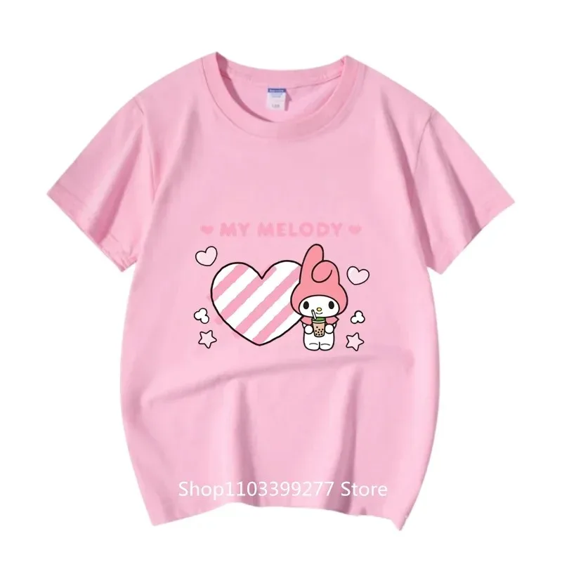 100% Cotton Summer Clothes Absorb Sweat Breathable T-Shirt Sanrio Cartoon Anime MyMelody Short Sleeve T-Shirt Girls T-Shirt