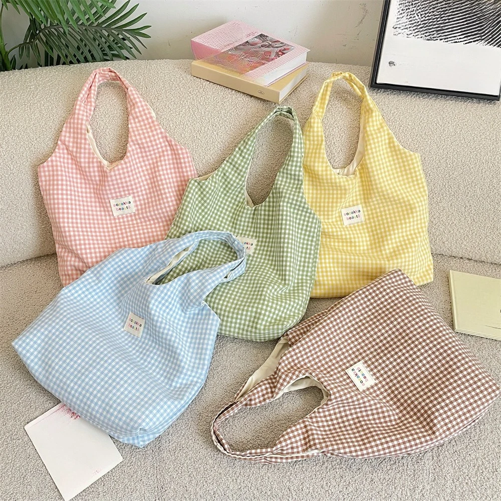 Korean Sweet Women Plaid Shoulder Bag Shopping Bag Books Storage Tote Bags Female Eco Handbag Reusable Grocery Shopper Purse
