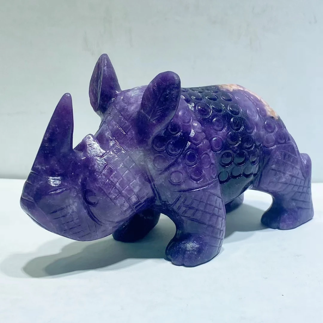 130mm Natural Lepidolite Crystal Rhinoceros Carving Quartz Healing Animals Statue Gemstone Crafts For Home Room Decoration 1pcs