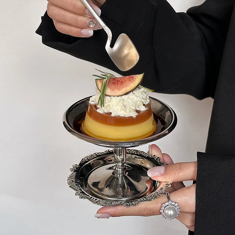 Stainless Steel Palace Style High Footed Dessert Pudding Plate Home Ice Cream Cups Snack Dish with Mini Relief Coaster for Daily