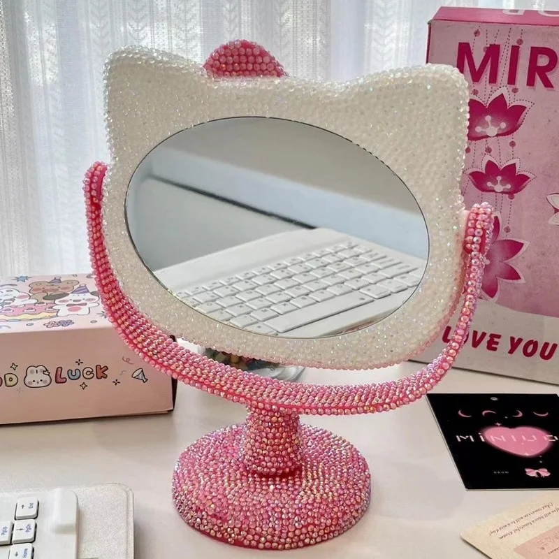 New Kt Mirror Creative Desktop Diy Diamond Paste Crystal Dimensional Cute Shining Handheld Mirror Material Package Girls Gift