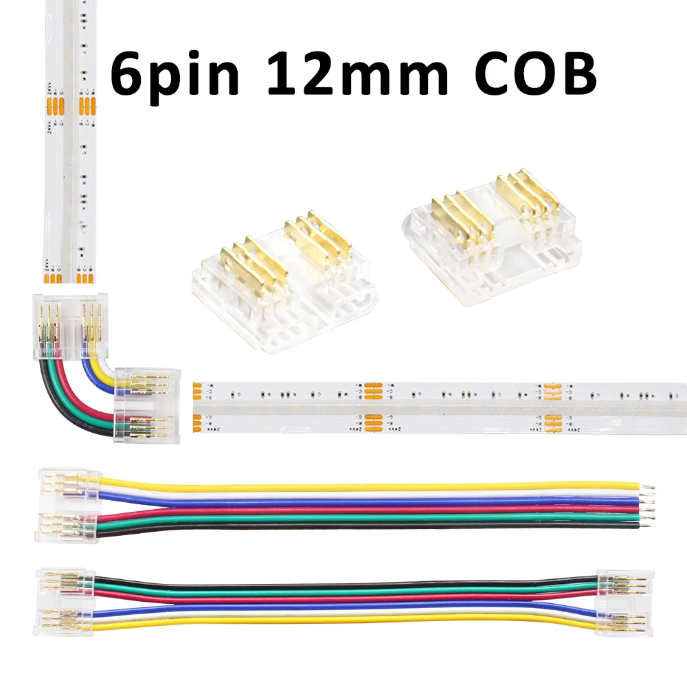 6pin COB LED Strip Light Connector Welding-Free Quick RGBCCT Connectors Crystal Solderless Jointor for 12mm PCB FCOB Tape Lamp